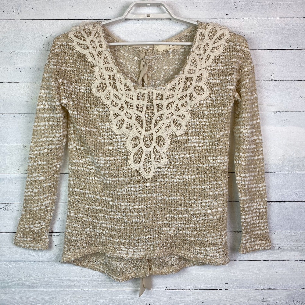 A'REVE Women's Top Small Long Sleeve Cream Knitted Open Tie Back Scoop Neck